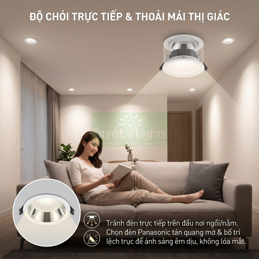 Đèn downlight âm trần Panasonic ánh sáng dịu trong phòng khách, giúp người dùng đọc sách thoải mái trên sofa